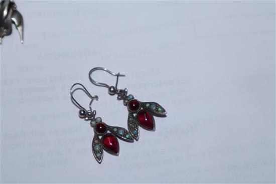 Five assorted pairs of earrings including pietra dura, enamel and gem set bug earrings, a swallow brooch and spider brooch.